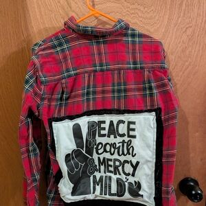 Red Plaid Button Down Shirt with Peace Graphic